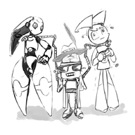artist:terrible_the_drawfag crossovers drossel_von_flugel fireball jenny_wakeman my_life_as_a_teenage_robot robot_jones whatever_happened_to_robot_jones xj-9 // 900x900 // 300KB
