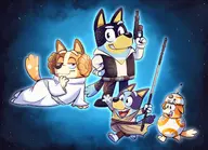 artist:vaporotem bandit_heeler bb-8 bingo_heeler bluey bluey_heeler chilli_heeler cosplay han_solo princess_leia rey star_wars // 1400x1013 // 1.4MB