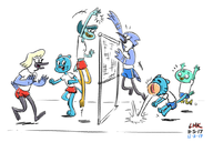 artist:lhk crossovers gumball_watterson harvey_beaks harvey_beaks_(series) miriam_beaks mordecai mordecai's_mom nicole_watterson regular_show the_amazing_world_of_gumball // 1050x700 // 353KB