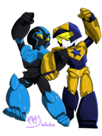 artist:yakitori blue_beetle booster_gold dc jaime_reyes medabots parody // 600x800 // 297KB